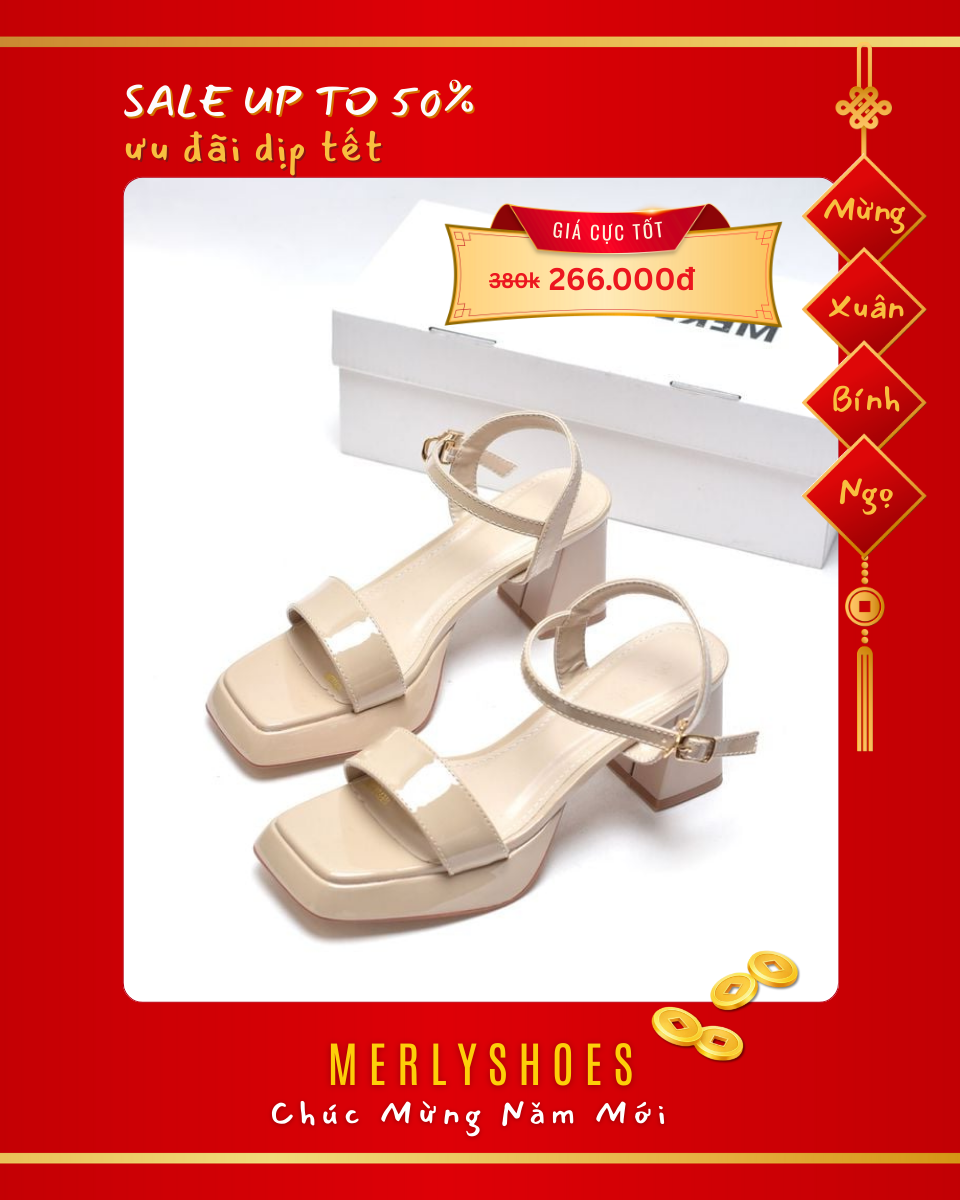 [NEW 35-42] Sandal Cao Gót Đúp Mũi Vuông Thấp 7cm Bigsize 35-42 Merly 1597 Kem Bóng, Giày Mặc Áo Dài, Giày Sandal Đế Đúp