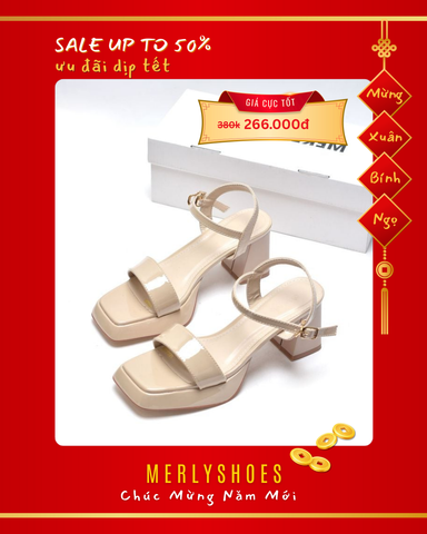 [NEW 35-42] Sandal Cao Gót Đúp Mũi Vuông Thấp 7cm Bigsize 35-42 Merly 1597 Kem Bóng, Giày Mặc Áo Dài, Giày Sandal Đế Đúp