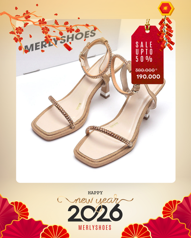 Giày Đi Tiệc Sandal Cao Gót Quai Ngang Đính Đá Đế Đúp 7cm Mũi Vuông, Giày Xăng Đan Cao Gót Big Size Merly 1600 Nâu Vintage