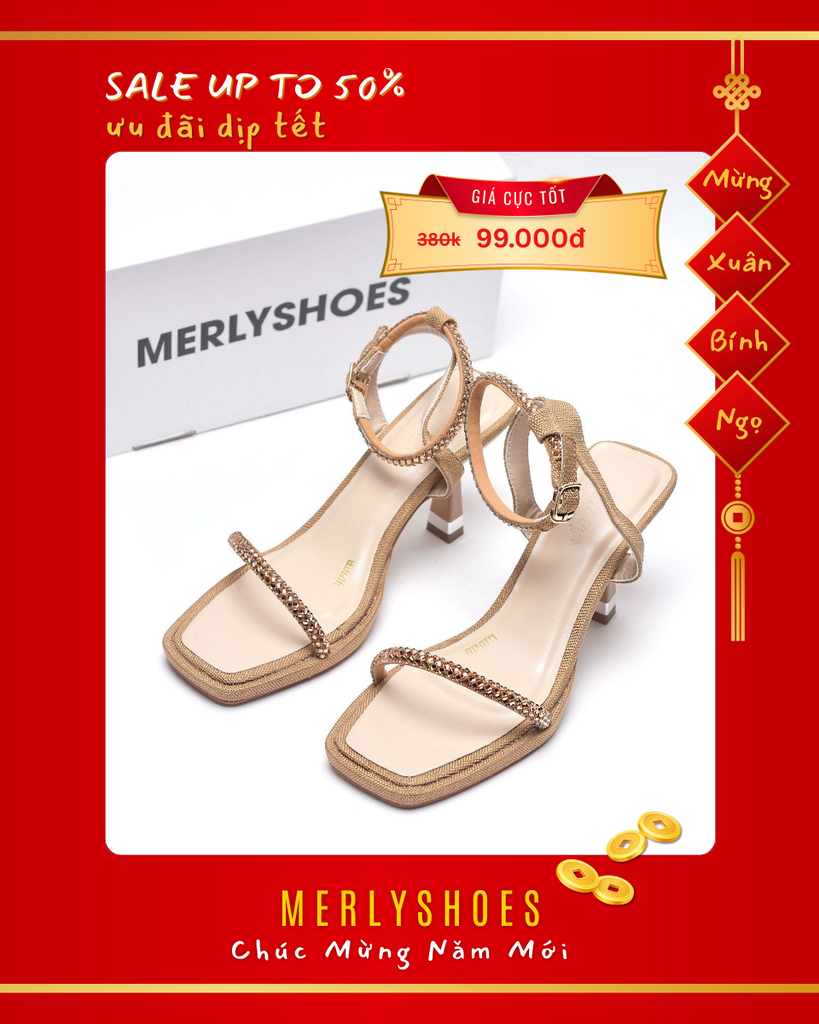 Giày Đi Tiệc Sandal Cao Gót Quai Ngang Đính Đá Đế Đúp 7cm Mũi Vuông, Giày Xăng Đan Cao Gót Big Size Merly 1600 Nâu Vintage
