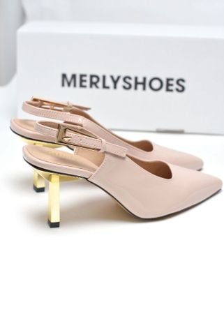 Giày Cao Gót Mũi Nhọn Slingback Gót Cao 7cm, Giày Bít Mũi Đi Tiệc Bigsize 35-43 Thương Hiệu Merly 1601 Màu Nude Bóng
