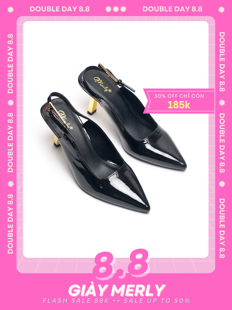 Giày Cao Gót Đi Tiệc Đen Mũi Nhọn Slingback Gót Mạ Vàng Cao 7cm, Giày Cao Gót Big Size Thương Hiệu Merly 1601 Đen Bóng