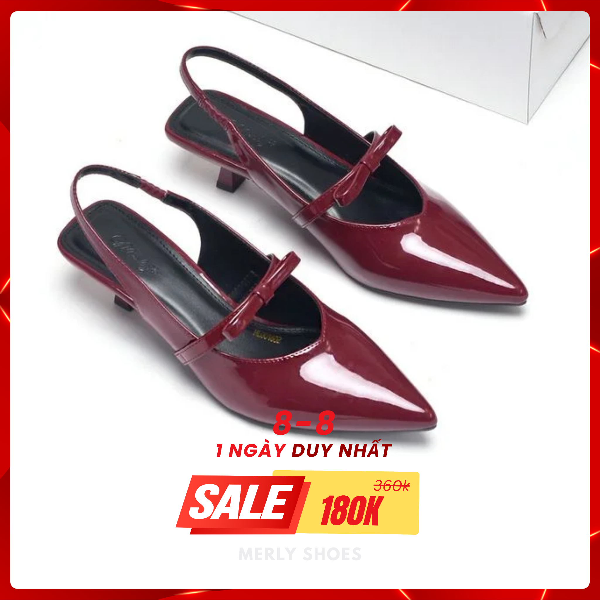 Giày Cao Gót Đỏ Slingback 3cm Mũi Nhọn Quai Ngang Đính Nơ Merly 1602 Đỏ Bóng, Giày Cao Gót Big Size, Giày Bít Mũi Hở Gót, Giày Đi Tiệc, Giày Đế Thấp 3p, Giày Nữ Tết 2025