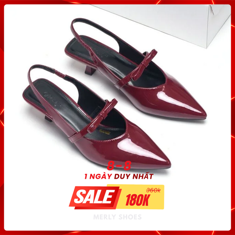Giày Cao Gót Đỏ Slingback 3cm Mũi Nhọn Quai Ngang Đính Nơ Merly 1602 Đỏ Bóng, Giày Cao Gót Big Size, Giày Bít Mũi Hở Gót, Giày Đi Tiệc, Giày Đế Thấp 3p, Giày Nữ Tết 2025