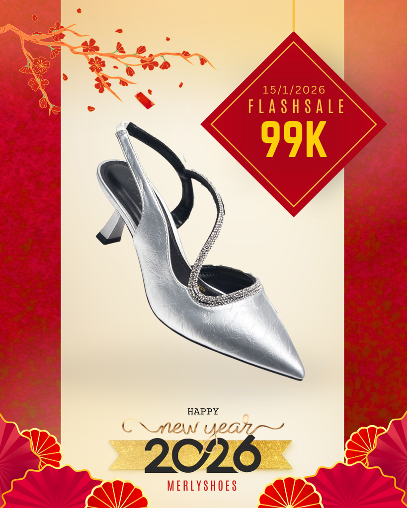 Giày Màu Bạc Đi Tiệc Mũi Nhọn Quai Hậu Đính Đá Gót Thấp 5cm Merly 1603 Bạc Bigsize 35-43, Giày Slingback Hở Gót, Giày Đi Tiệc, Giày Đi Đám Cưới Sang Chảnh