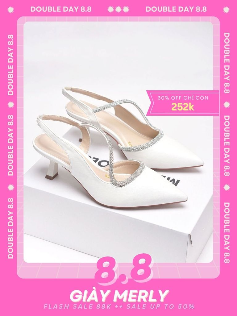 Giày Cao Gót Trắng Quai Đính Đá Thấp 5cm Slingback Hở Gót Mũi Nhọn Merly 1603 Trắng Vân Sóng Bigsize 35-43, Giày Đi Tiệc, Giày Cưới Cô Dâu, Giày Đi Đám Cưới