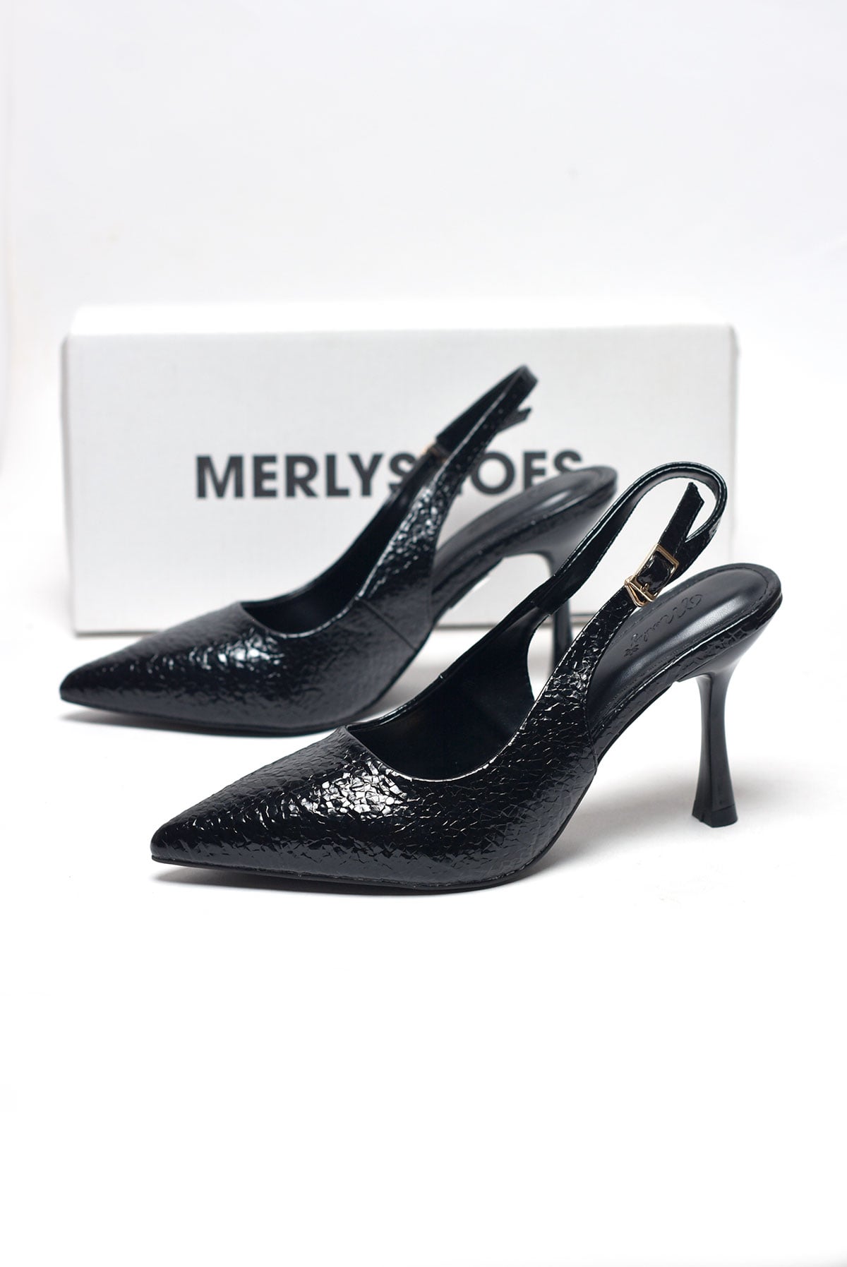Giày Cao Gót Đi Tiệc Đen Vân Pha Lê Bóng Blingbling Mũi Nhọn Sang Trọng Cao 9cm Bigsize 35-43 Thương Hiệu Merly 1604 Đen Crystal, Giày Cao Gót Slingback, Giày Đi Dự Đám Cưới