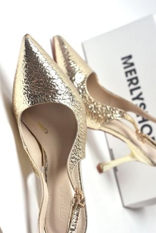 [New Color] Giày Cao Gót Đi Tiệc Vàng Đồng Blingbling Mũi Nhọn Sang Trọng Cao 9cm Bigsize 35-43 Thương Hiệu Merly 1604 Vàng Nhũ Crystal, Giày Cao Gót Slingback, Giày Đi Dự Đám Cưới
