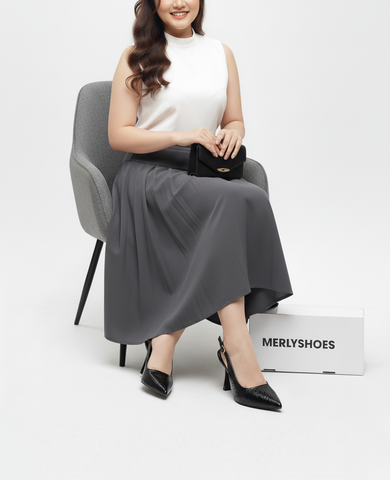 Giày Cao Gót Đi Tiệc Đen Vân Pha Lê Bóng Blingbling Mũi Nhọn Sang Trọng Cao 9cm Bigsize 35-43 Thương Hiệu Merly