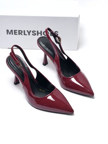 Giày Cao Gót Đỏ Mũi Nhọn Hở Gót Slingback Size 35-43 Thương Hiệu Merly 1604 Đỏ Bóng 9cm, Giày Cao Gót Đi Tiệc, Giày Cao Gót Big Size, Giày Cao Gót 9cm, Giày Công Sở Nữ