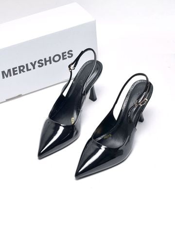 Giày Cao Gót Đen Mũi Nhọn Hở Gót Slingback Size 35-43 Thương Hiệu Merly 1604 Đen Bóng 9cm, Giày Cao Gót Đi Tiệc, Giày Cao Gót Big Size, Giày Cao Gót 9cm, Giày Công Sở Nữ