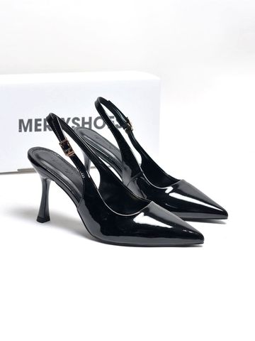 Giày Cao Gót Đen Mũi Nhọn Hở Gót Slingback Size 35-43 Thương Hiệu Merly 1604 Đen Bóng 9cm, Giày Cao Gót Đi Tiệc, Giày Cao Gót Big Size, Giày Cao Gót 9cm, Giày Công Sở Nữ
