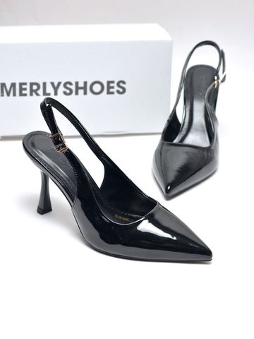Giày Cao Gót Đen Mũi Nhọn Hở Gót Slingback Size 35-43 Thương Hiệu Merly 1604 Đen Bóng 9cm, Giày Cao Gót Đi Tiệc, Giày Cao Gót Big Size, Giày Cao Gót 9cm, Giày Công Sở Nữ