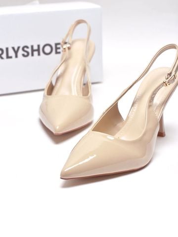 Giày Cao Gót Kem Mũi Nhọn Hở Gót Slingback Size 35-43 Thương Hiệu Merly 1604 Kem Bóng 9cm, Giày Cao Gót Đi Tiệc, Giày Cao Gót Big Size, Giày Cao Gót 9cm, Giày Công Sở Nữ