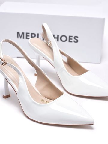 Giày Cao Gót Trắng Mũi Nhọn Hở Gót Slingback Size 35-43 Thương Hiệu Merly 1604 Trắng Bóng 9cm, Giày Cao Gót Đi Tiệc, Giày Cao Gót Big Size, Giày Cao Gót 9cm, Giày Công Sở Nữ