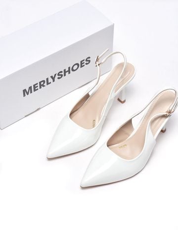 Giày Cao Gót Trắng Mũi Nhọn Hở Gót Slingback Size 35-43 Thương Hiệu Merly 1604 Trắng Bóng 9cm, Giày Cao Gót Đi Tiệc, Giày Cao Gót Big Size, Giày Cao Gót 9cm, Giày Công Sở Nữ