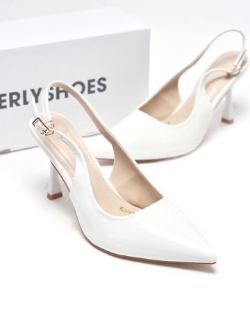 Giày Cao Gót Trắng Mũi Nhọn Hở Gót Slingback Size 35-43 Thương Hiệu Merly 1604 Trắng Bóng 9cm, Giày Cao Gót Đi Tiệc, Giày Cao Gót Big Size, Giày Cao Gót 9cm, Giày Công Sở Nữ