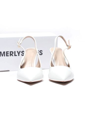 Giày Cao Gót Trắng Mũi Nhọn Hở Gót Slingback Size 35-43 Thương Hiệu Merly 1604 Trắng Bóng 9cm, Giày Cao Gót Đi Tiệc, Giày Cao Gót Big Size, Giày Cao Gót 9cm, Giày Công Sở Nữ