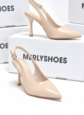 [New] Giày Cao Gót Kem Mũi Nhọn Hở Gót Slingback Size 35-43 Thương Hiệu Merly 1604 Kem Bóng 9cm, Giày Cao Gót Đi Tiệc, Giày Cao Gót Big Size, Giày Cao Gót 9cm