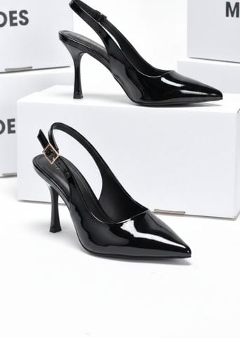 [New] Giày Cao Gót Đen Mũi Nhọn Hở Gót Slingback Size 35-43 Thương Hiệu Merly 1604 Đen Bóng 9cm, Giày Cao Gót Đi Tiệc, Giày Cao Gót Big Size, Giày Cao Gót 9cm