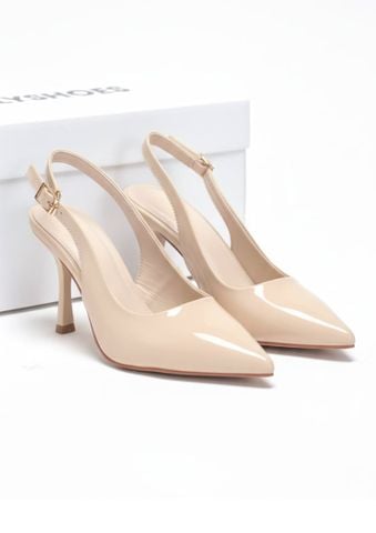[New] Giày Cao Gót Kem Mũi Nhọn Hở Gót Slingback Size 35-43 Thương Hiệu Merly 1604 Kem Bóng 9cm, Giày Cao Gót Đi Tiệc, Giày Cao Gót Big Size, Giày Cao Gót 9cm