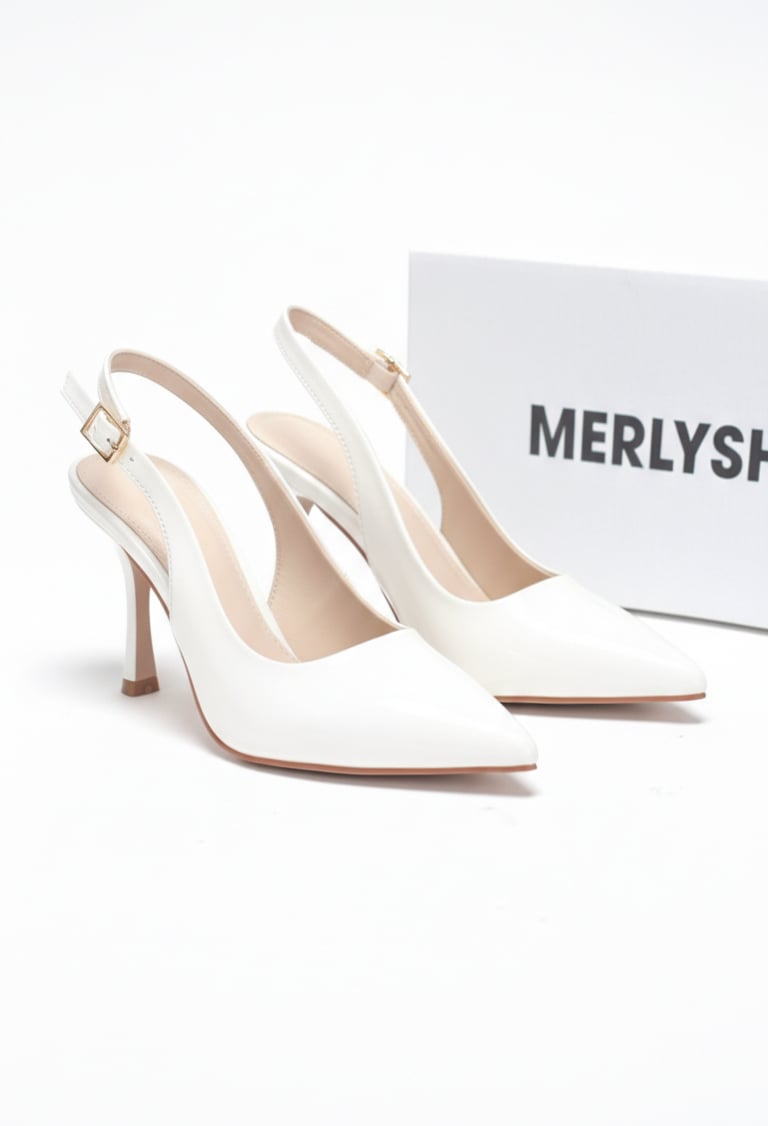 [New] Giày Cao Gót Trắng Mũi Nhọn Hở Gót Slingback Size 35-43 Thương Hiệu Merly 1604 Trắng Bóng 9cm, Giày Cao Gót Đi Tiệc, Giày Cao Gót Big Size, Giày Cao Gót 9cm