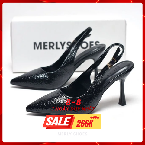 Giày Cao Gót Đi Tiệc Đen Vân Pha Lê Bóng Blingbling Mũi Nhọn Sang Trọng Cao 9cm Bigsize 35-43 Thương Hiệu Merly 1604 Đen Crystal, Giày Cao Gót Slingback, Giày Đi Dự Đám Cưới
