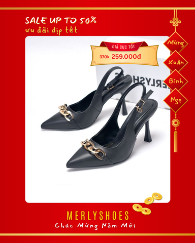 Giày Cao Gót Đen Mũi Nhọn Khóa Ngang Sang Trọng Slingback Bigsize 35-43 Merly 1604 Đen Khóa, Giày Công Sở Nữ Sang Chảnh