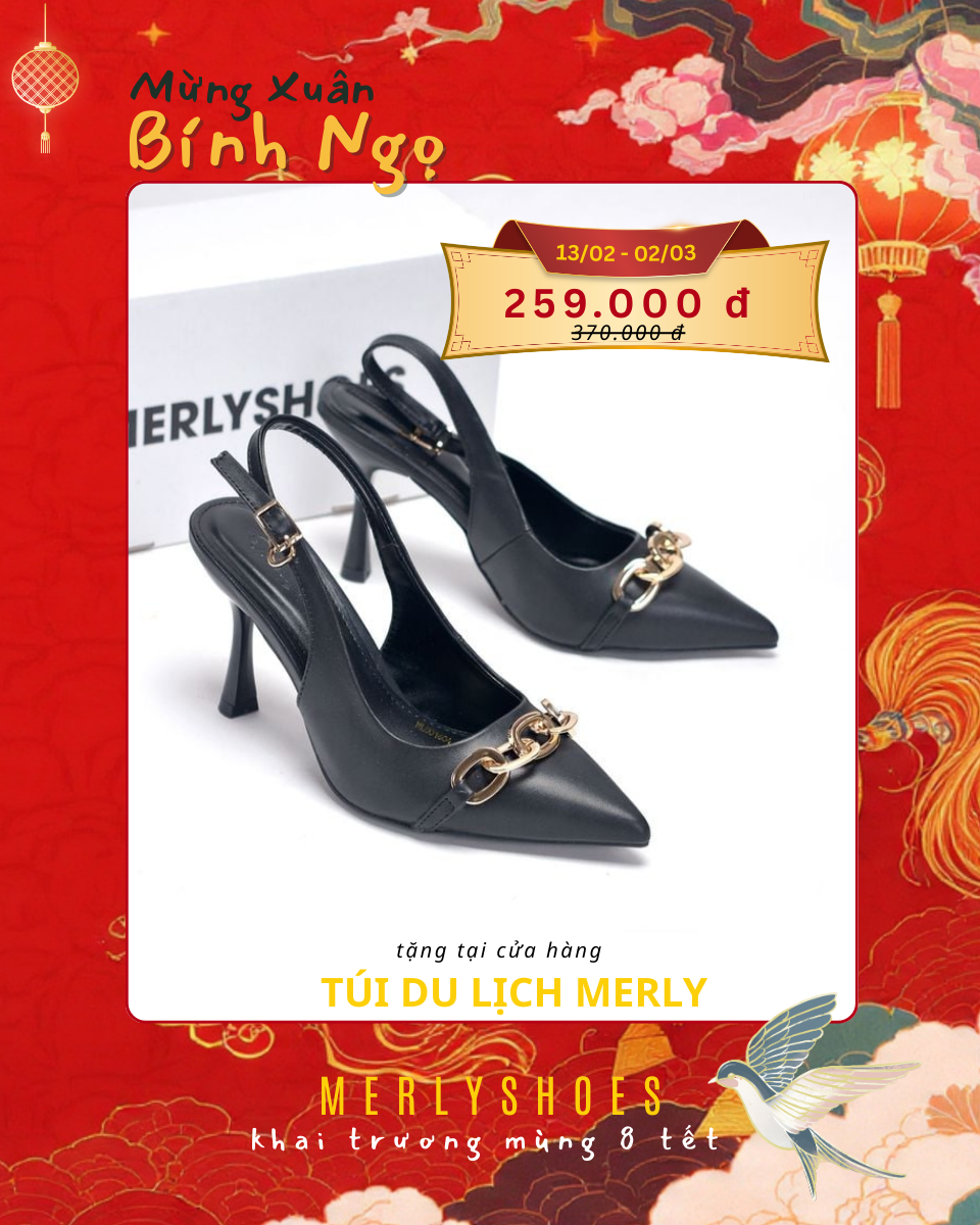 Giày Cao Gót Đen Mũi Nhọn Khóa Ngang Sang Trọng Slingback Bigsize 35-43 Merly 1604 Đen Khóa, Giày Công Sở Nữ Sang Chảnh