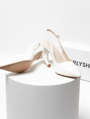 Giày Cao Gót Trắng Mũi Nhọn Hở Gót Slingback