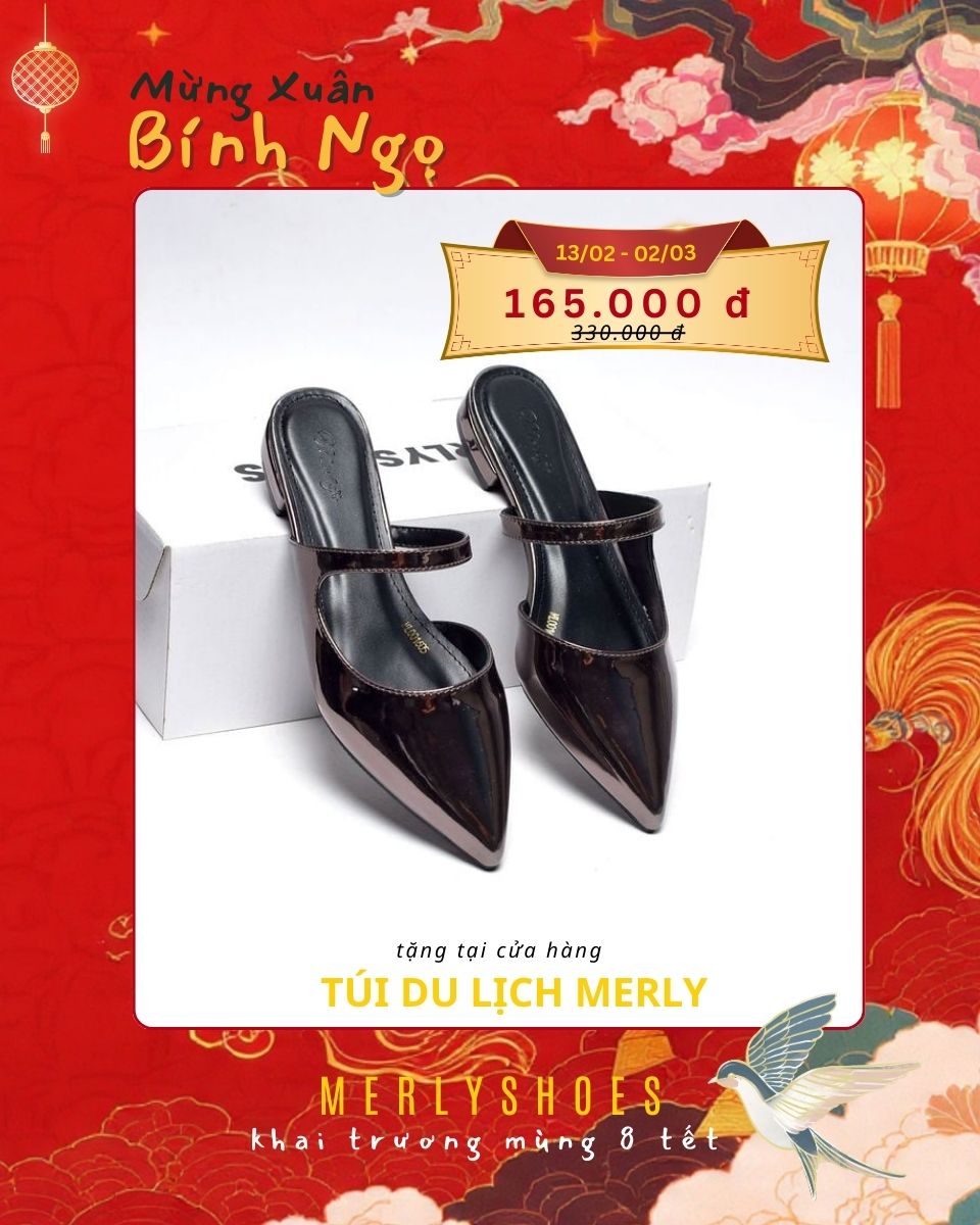 Giày Sục Bệt Mũi Nhọn 1cm Bigsize 35 tới 43 Merly 1605 Chì Tráng Gương Sáng Lấp Lánh, Giày Bệt Nữ, Giày Bít Mũi Hở Gót, Giày Mule
