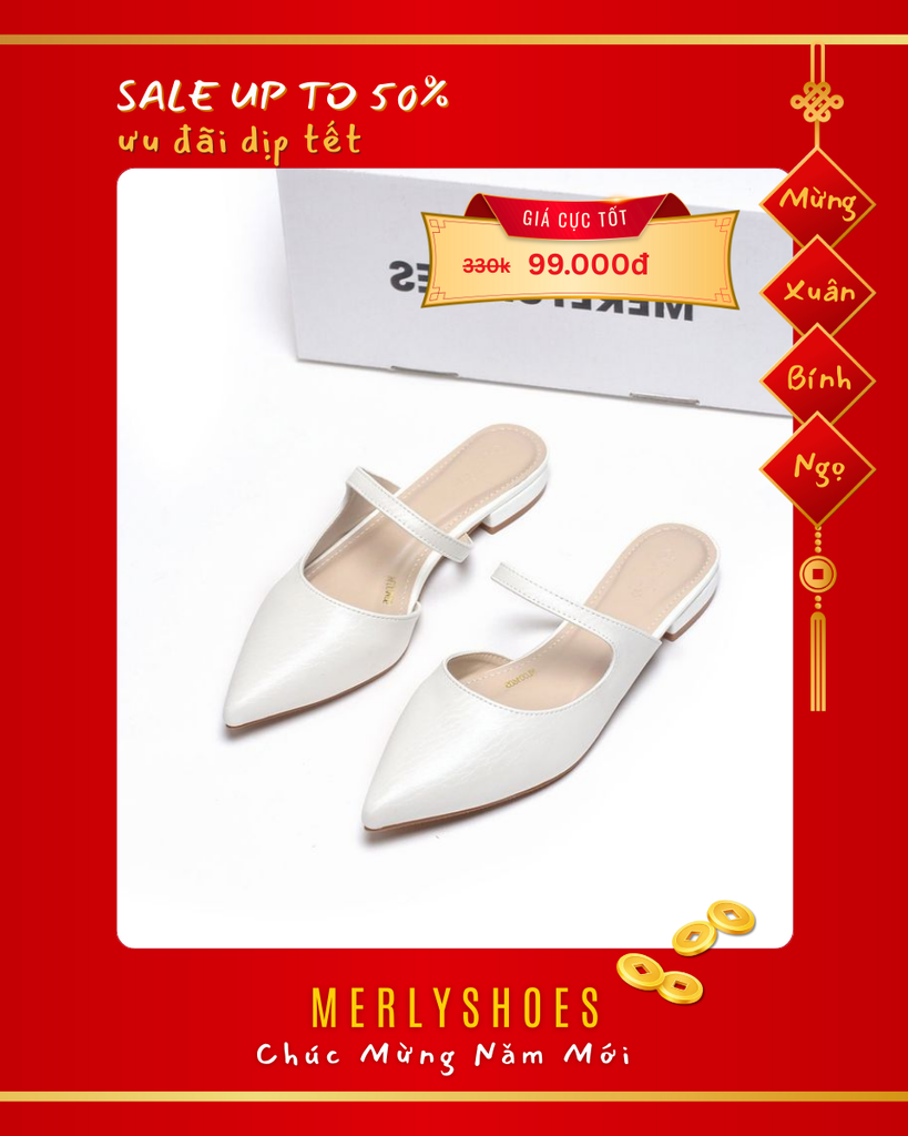 Giày Sục Bệt Mũi Nhọn 1cm Bigsize 35 tới 43 Merly 1605 Trắng Sóng, Giày Bệt Nữ, Giày Bít Mũi Hở Gót, Giày Mule