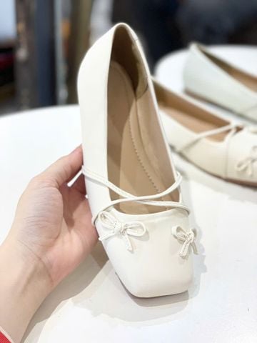Giày Búp Bê Nơ Đan Dây Chéo Tiểu Thư Merly 1653 Trắng Kem Ivory, Giày Bệt Mũi Vuông Đính Nơ Xinh, Giày Búp Bê Quai Ngang, Giày Búp Bê Big Size 35-43