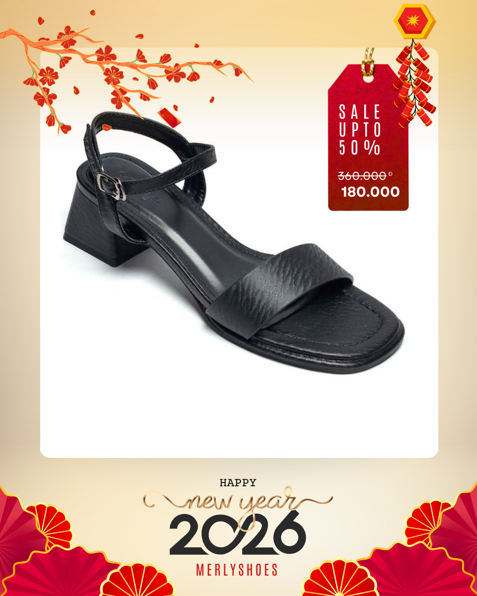 Giày Xăng Đan Quai Ngang Mũi Vuông Đế Thấp 3-4 cm Merly 1606 Đen Vân Sóng Bigsize 35-43, Giày Đi Với Áo Dài, Dép Xăng Đan Nữ, Sandal Đế Vuông, Sandal Nữ Cao Cấp