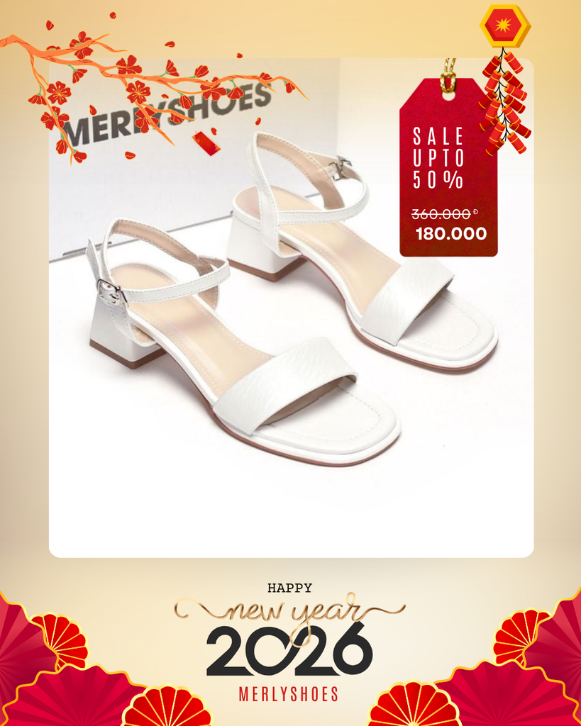 Giày Xăng Đan Quai Ngang Mũi Vuông Đế Thấp 3cm - 4cm Merly 1606 Trắng Vân Sóng Bigsize 35-43, Giày Đi Với Áo Dài, Dép Xăng Đan Nữ Cao Cấp, Sandal Cao Gót Đế Vuông, Sandal Nữ