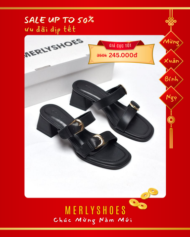 Guốc Nữ Đen Quai Ngang Gắn Khoá Đế Vuông Thấp 3cm Merly 1607 Đen Bigsize 35-43, Dép Cao Gót, Dép Sandals Nữ, Guốc Mặc Áo Dài, Guốc Đi Biển, Guốc Nữ Big Size