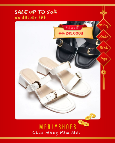 Guốc Nữ Trắng Quai Ngang Gắn Khoá Thời Trang Đế Vuông Thấp 3cm Merly 1607 Trắng, Dép Cao Gót, Dép Sandals Nữ, Guốc Mặc Áo Dài, Guốc Đi Biển