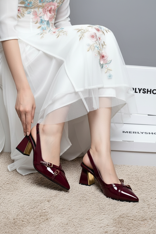 [Restock 35-43] Giày Cao Gót Đế Vuông Cao 6-7cm Merly 1608 Đỏ Rượu Bóng Mũi Nhọn Hở Gót Hai Dây Khóa Tạo Điểm Nhấn, Giày Cao Gót Slingback Bigsize tới 42 43, Giày Cao Gót Đỏ, Giày Đi Tiệc, Giày Cao Gót Mặc Áo Dài