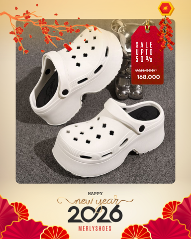 Dép Sục Nữ Đế Bánh Mì 7cm Tăng Chiều Cao Dễ Thương Nhựa Eva 1609N Trắng/Đen Size 36-41, Dép Crocs Gắn Charm Dễ Thương, Chống Trượt, Nhẹ Êm