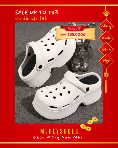 Dép Sục Nữ Đế Bánh Mì 7cm Tăng Chiều Cao Dễ Thương Nhựa Eva 1609N Trắng/Đen Size 36-41, Dép Crocs Gắn Charm Dễ Thương, Chống Trượt, Nhẹ Êm