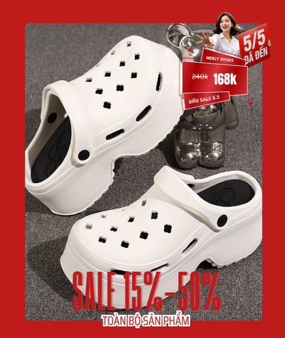 Dép Sục Nữ Đế Bánh Mì 7cm Tăng Chiều Cao Dễ Thương Nhựa Eva 1609N Trắng/Đen Size 36-41, Dép Crocs Gắn Charm Dễ Thương, Chống Trượt, Nhẹ Êm