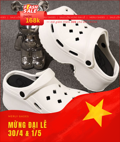Dép Sục Nữ Đế Bánh Mì 7cm Tăng Chiều Cao Dễ Thương Nhựa Eva 1609N Trắng/Đen Size 36-41, Dép Crocs Gắn Charm Dễ Thương, Chống Trượt, Nhẹ Êm