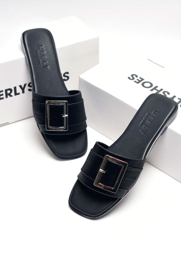 [New Color] Dép Nữ Da Mềm Giả Vải Quai Ngang Đính Khóa Gọn Chân Merly 1624 Đen Nhũ, Dép Nữ Cao Cấp, Dép Nữ Quai Ngang, Dép Lê Nữ, Dép Nữ Bigsize