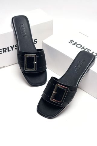 Dép Nữ Da Mềm Giả Vải Quai Ngang Đính Khóa Gọn Chân Merly 1624 Đen Giả Vải Mềm