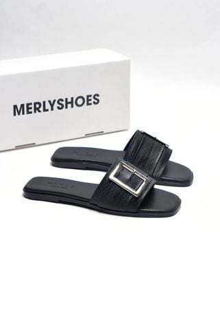 [New Color] Dép Nữ Da Mềm Giả Vải Quai Ngang Đính Khóa Gọn Chân Merly 1624 Đen Nhũ, Dép Nữ Cao Cấp, Dép Nữ Quai Ngang, Dép Lê Nữ, Dép Nữ Bigsize