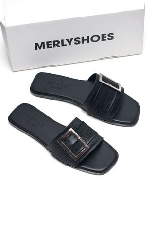 [New Color] Dép Nữ Da Mềm Giả Vải Quai Ngang Đính Khóa Gọn Chân Merly 1624 Đen Nhũ, Dép Nữ Cao Cấp, Dép Nữ Quai Ngang, Dép Lê Nữ, Dép Nữ Bigsize