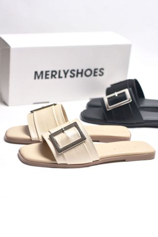[New Color] Dép Nữ Da Mềm Giả Vải Quai Ngang Đính Khóa Gọn Chân Merly 1624 Kem Vàng Nhũ Champagne Dép Nữ Cao Cấp, Dép Nữ Quai Ngang, Dép Lê Nữ, Dép Nữ Bigsize