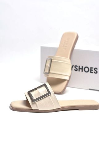 Dép bệt quai ngang màu kem vàng nhũ khóa sang trọng, dép nữ bigsize da cao cấp