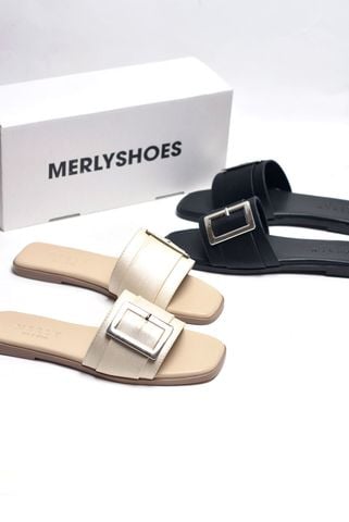 Dép Nữ Da Mềm Giả Vải Quai Ngang Đính Khóa Gọn Chân Merly 1624 Đen Giả Vải Mềm