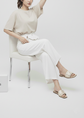 Dép bệt quai ngang màu kem vàng nhũ khóa sang trọng, dép nữ bigsize da cao cấp